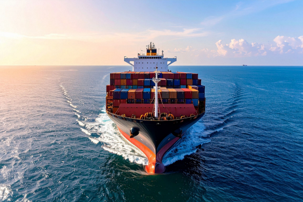 Cargo ship at sea loaded with shipping containers, representing international export and logistics solutions.