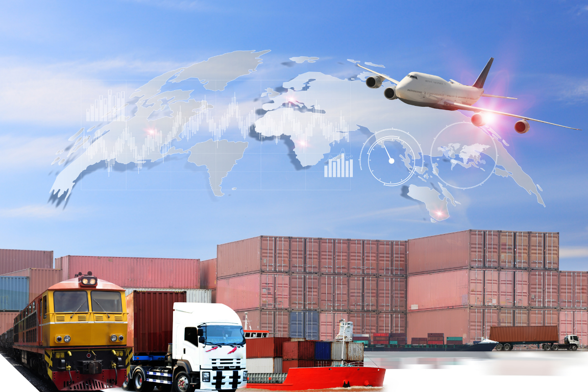 Truck, train, cargo ship, airplane, and shipping containers representing global exports and imports