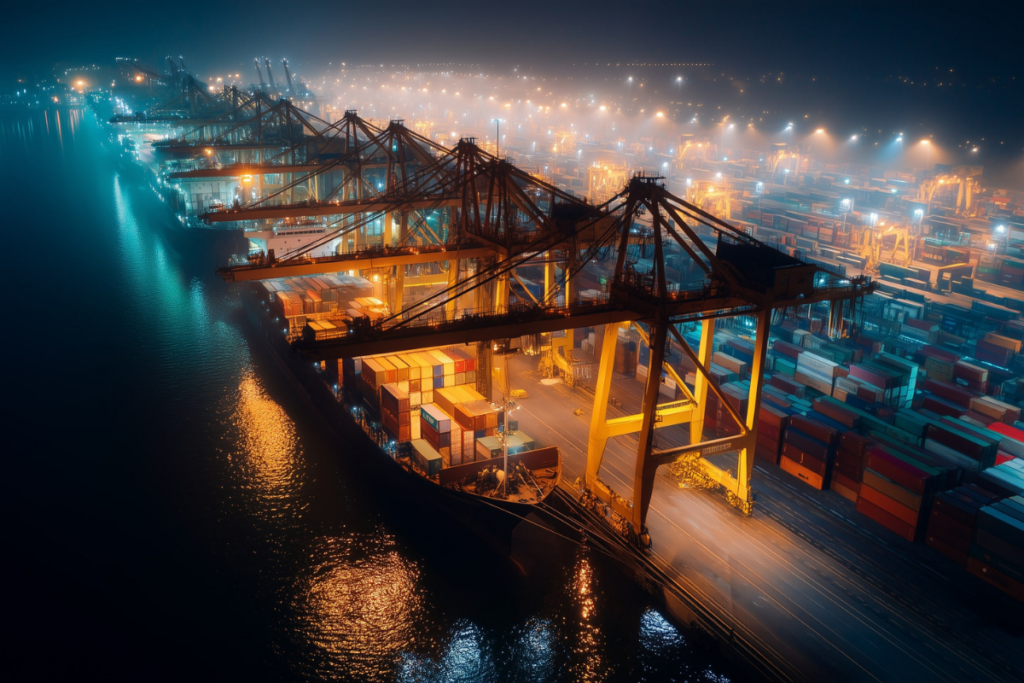Shipping containers being loaded by cranes, representing Professional Logistics International SA’s seamless import solutions.